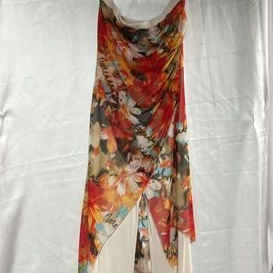 Cache Size Medium Strapless Ivory Jumpsuit with floral overlay. 32” inseam